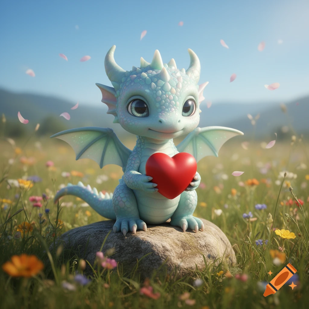 A cute light blue baby dragon with big eyes sits on a rock in a field of wildflowers, holding a red heart.