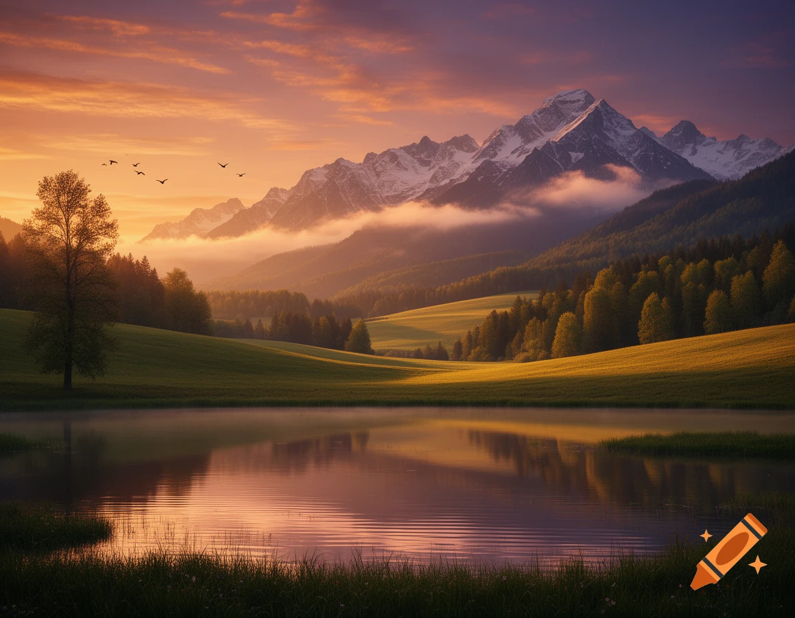 A serene landscape featuring snow-capped mountains, green hills, and a calm lake reflecting the vibrant orange and purple sunset.