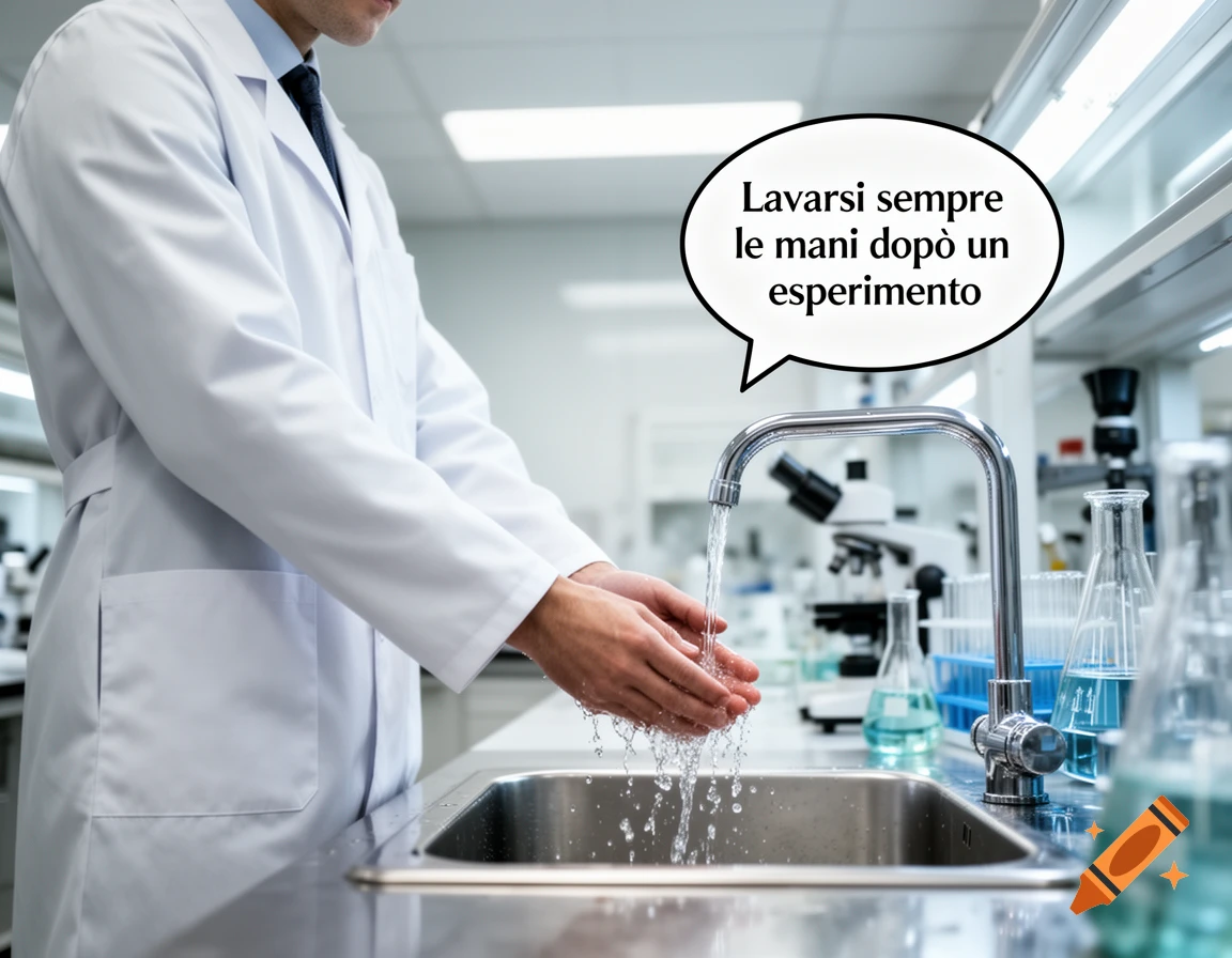 A person in a white lab coat washes hands at a lab sink, with a speech bubble containing Italian text.