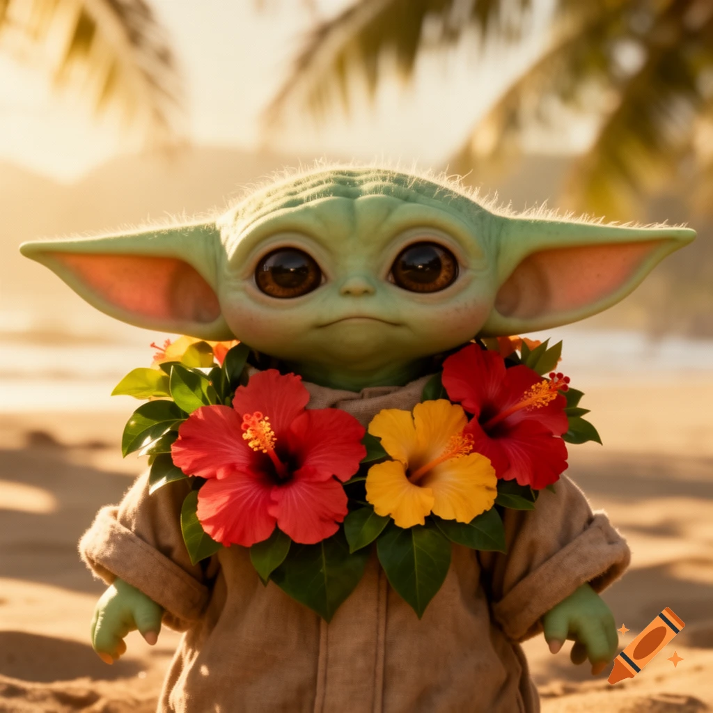 Grogu wearing a colorful lei on a sandy beach with palm trees in the background, photorealistic style.