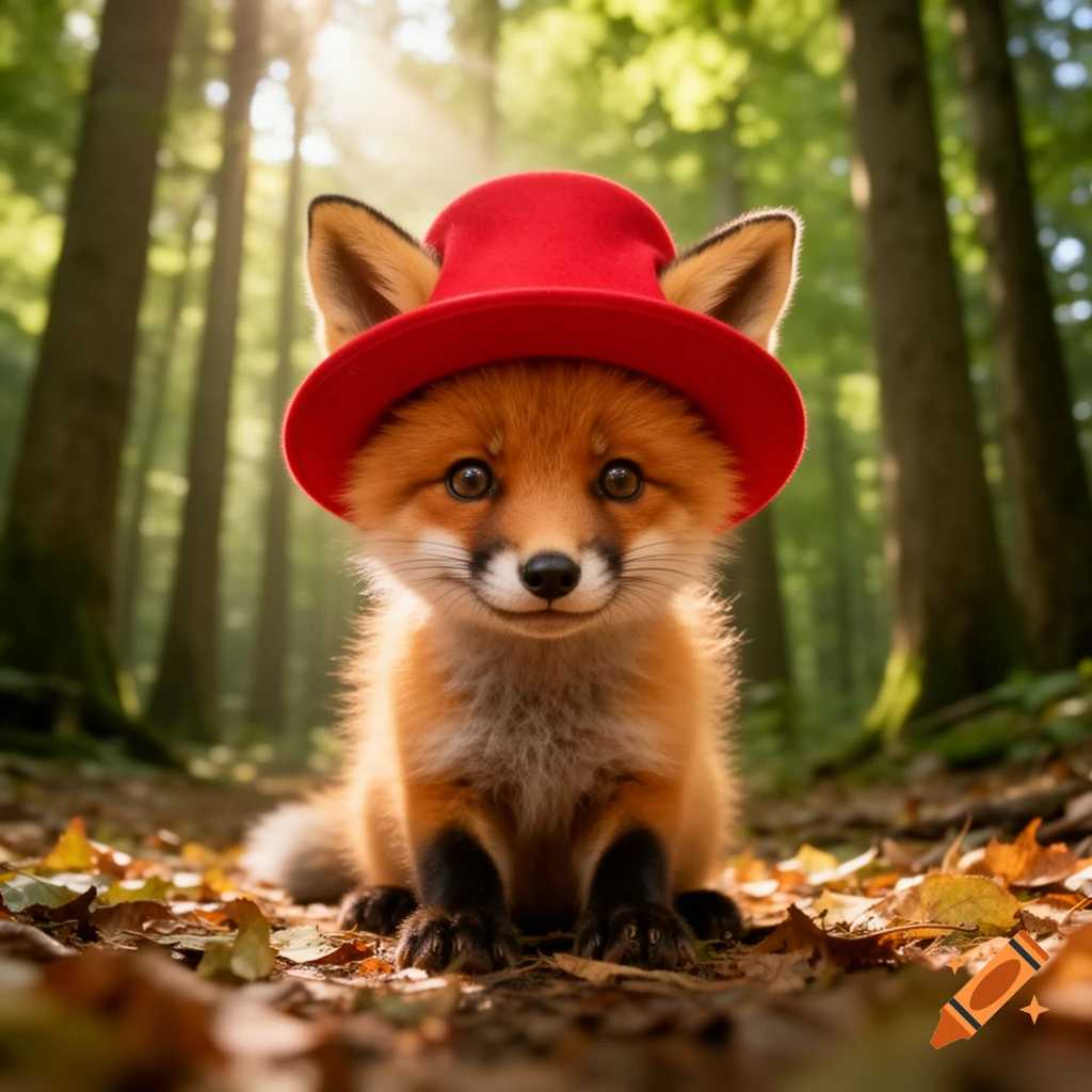 A cute baby fox in a red hat sits on fallen leaves in a sunlit forest, photorealistic.
