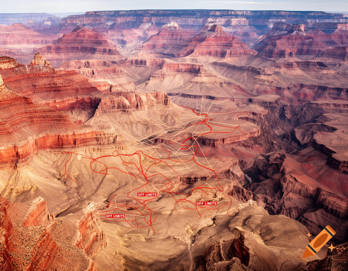 Aerial view of the Grand Canyon with red and white lines marking paths and 'OFF LIMITS' areas.