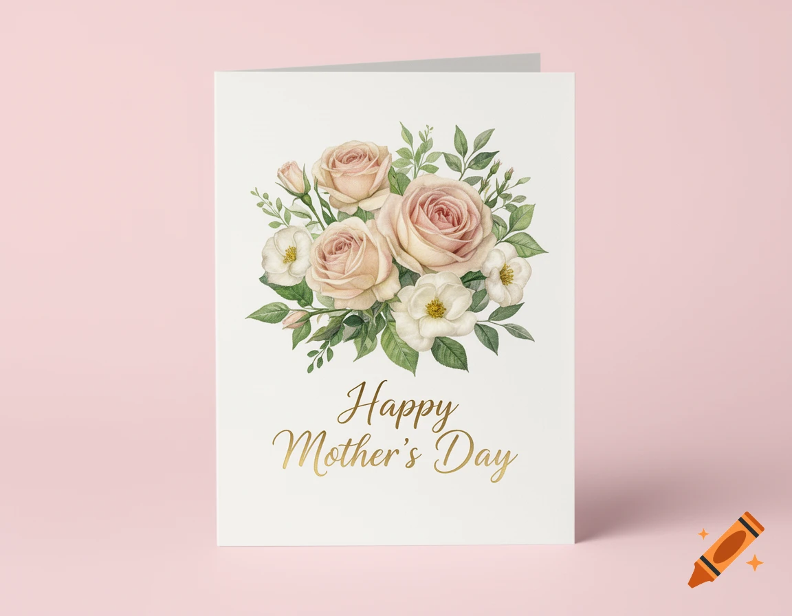 A watercolor Happy Mother's Day card with pink and white roses on a light pink background.