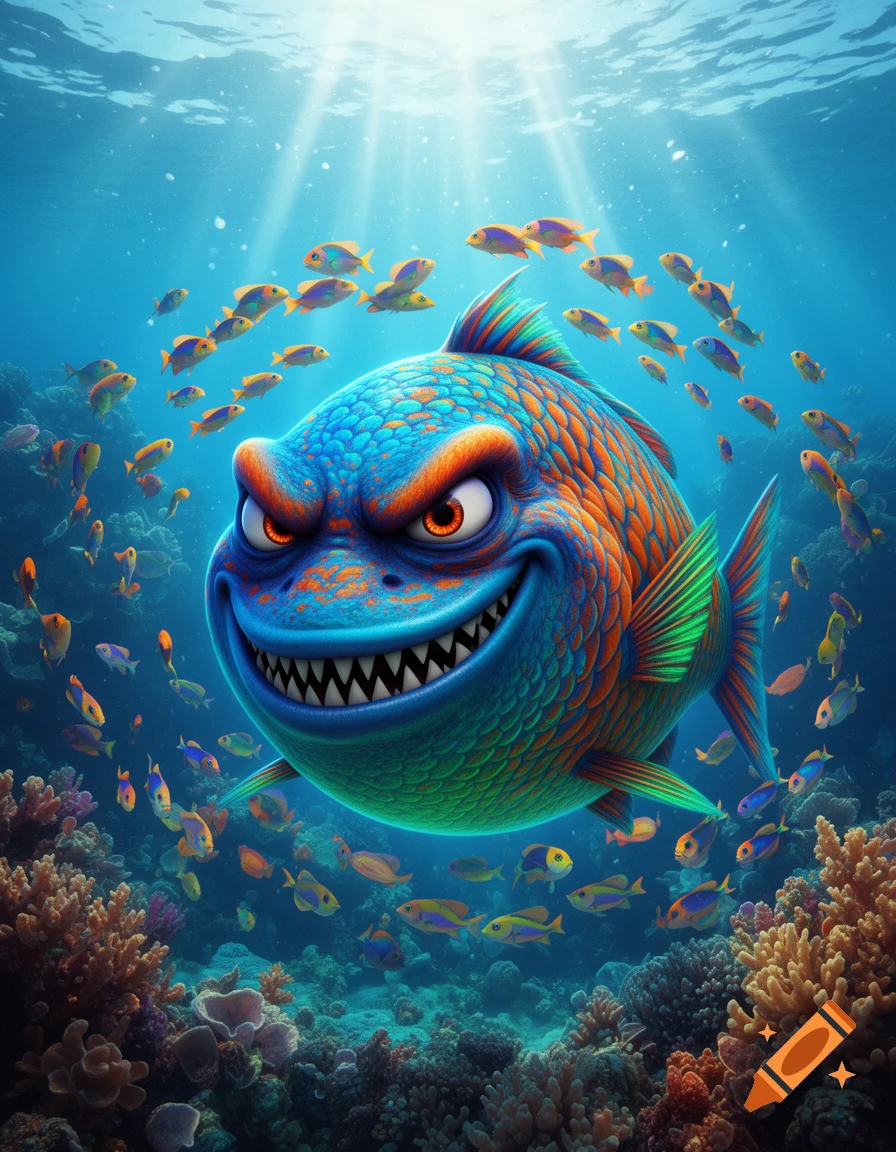 A vibrant, cartoonish, menacing blue and orange fish with sharp teeth and glowing eyes swims in a colorful coral reef among smaller fish.