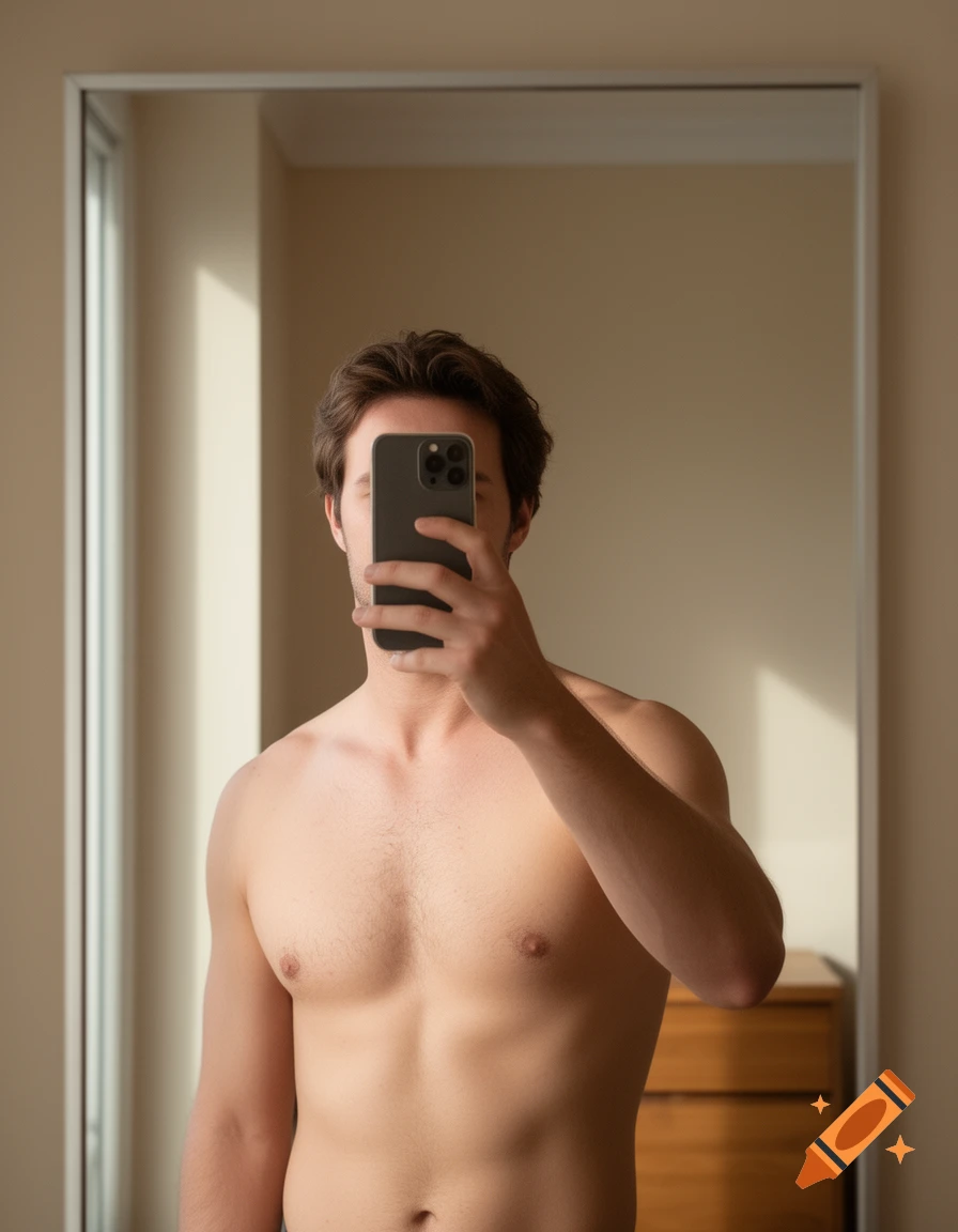 A man with short brown hair takes a shirtless mirror selfie, his face obscured by the phone.