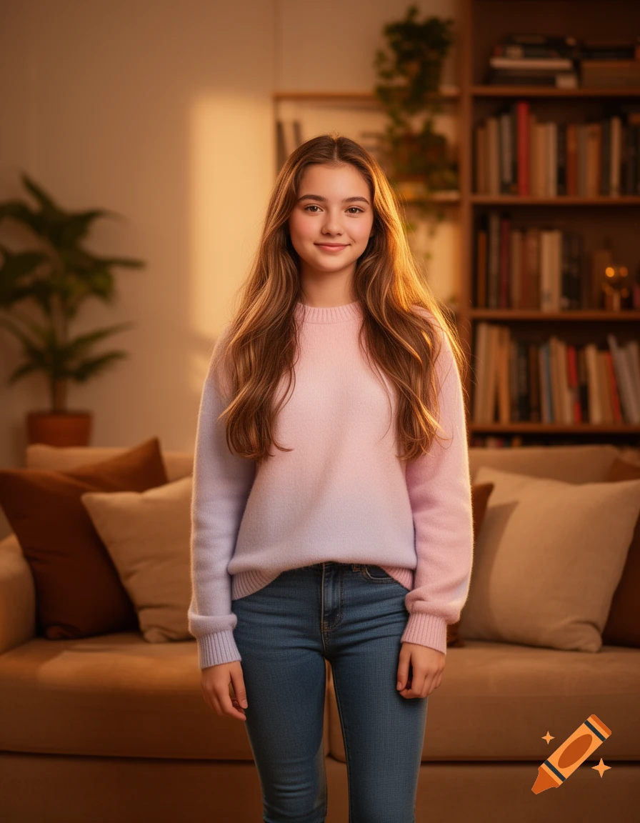 A photorealistic young girl with long brown hair stands smiling in a living room, wearing a pink and blue sweater and jeans.