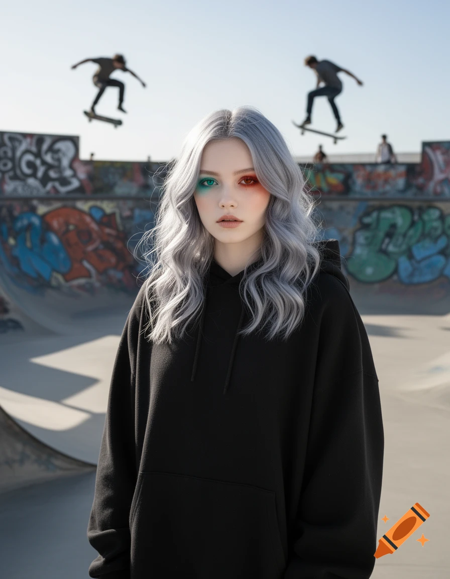 A young woman with pale skin, long wavy grey hair, and different colored eye makeup (aqua on left, reddish on right) stands in a skate park wearing a black hoodie. Two blurry skateboarders are mid-air in the background.