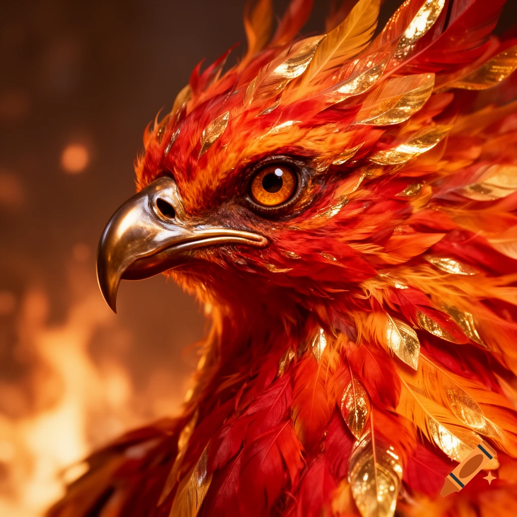 Close-up of a majestic phoenix head with fiery red and orange feathers, golden accents, and an intense orange eye, against a blazing background.
