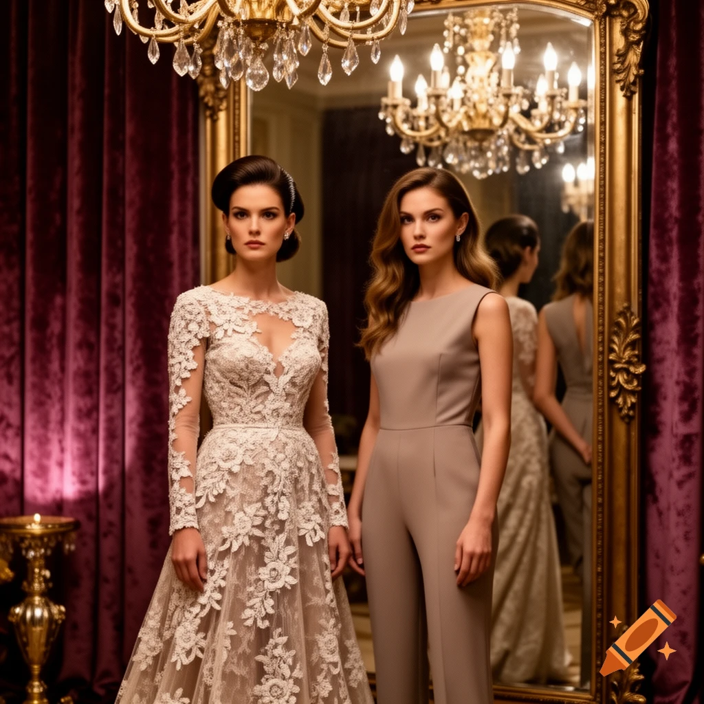 Two women, one in a lace gown and one in a beige jumpsuit, stand in a luxurious room with a mirror and chandeliers.