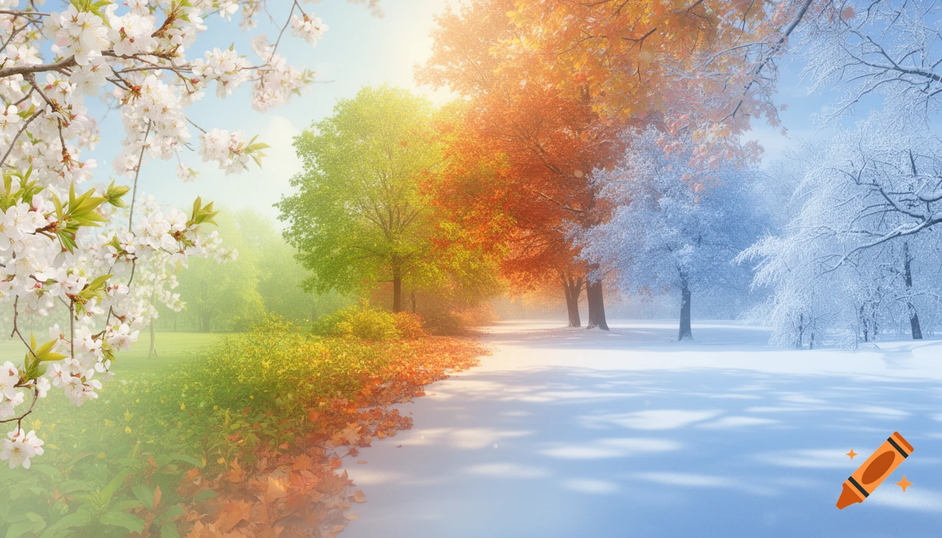 A serene landscape depicting the four seasons transitioning from spring blossoms to lush green, autumn foliage, and snow-covered trees.