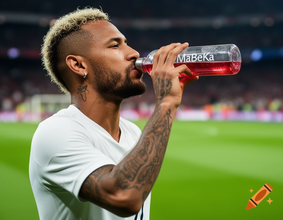 Neymar Jr. in a white jersey drinks from a clear bottle labeled 'MaBeKa' with red liquid on a soccer field.