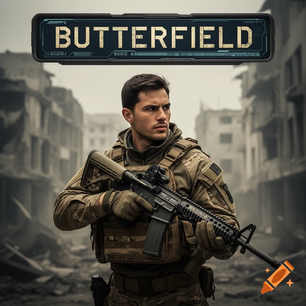 A photorealistic image of a soldier in combat gear holding an M4 rifle, looking to the right. Above him, a digital banner reads "BUTTERFIELD". The background shows a ruined city under a cloudy sky.