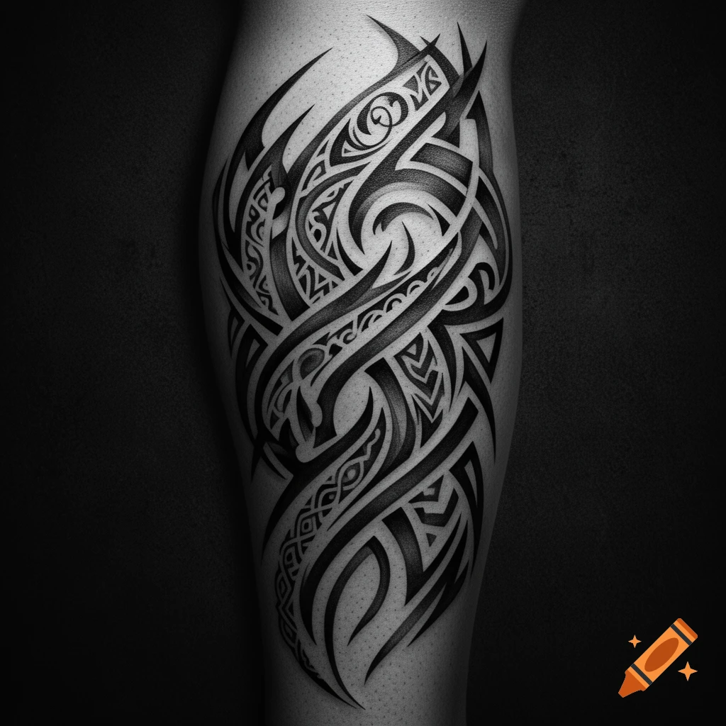 Close-up of a person's leg with a detailed black and white neo-tribal tattoo against a dark background, photorealistic style.