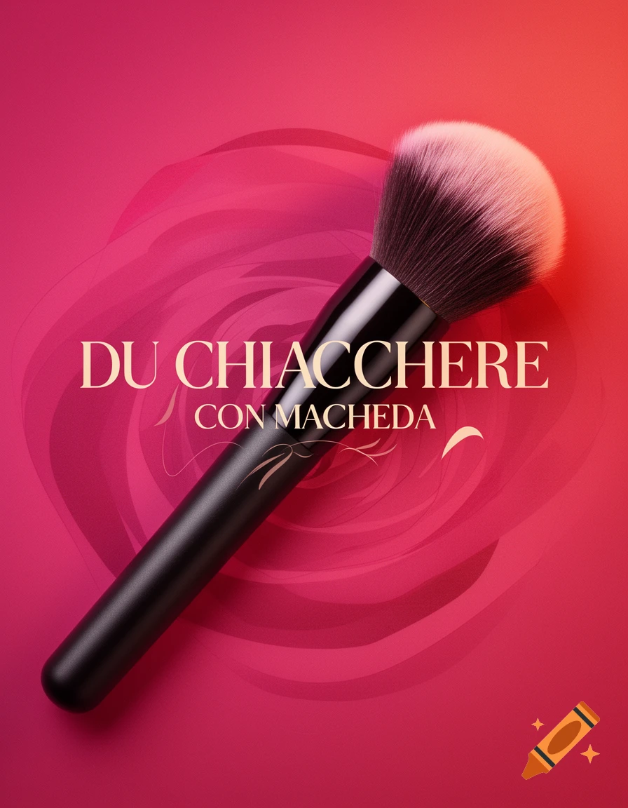 A black makeup brush with pink-tipped bristles lies diagonally on a vibrant red and pink background with the text 'DU CHIACCHERE CON MACHEDA'.