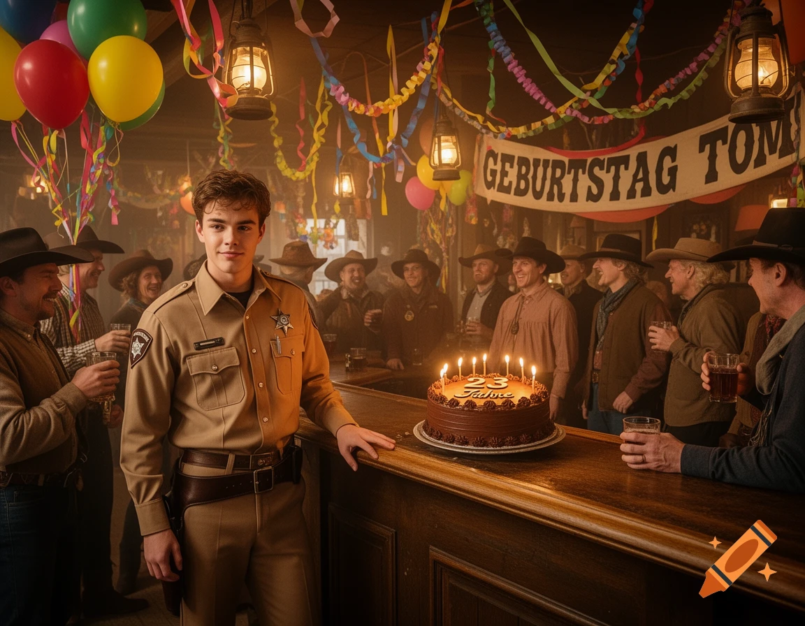 A young sheriff smiles, leaning on a bar counter next to a chocolate birthday cake with 23 lit candles. A "GEBURTSTAG TOM" banner hangs above a group of cowboys in a saloon, celebrating a birthday. The scene is photorealistic and festive with balloons and streamers.