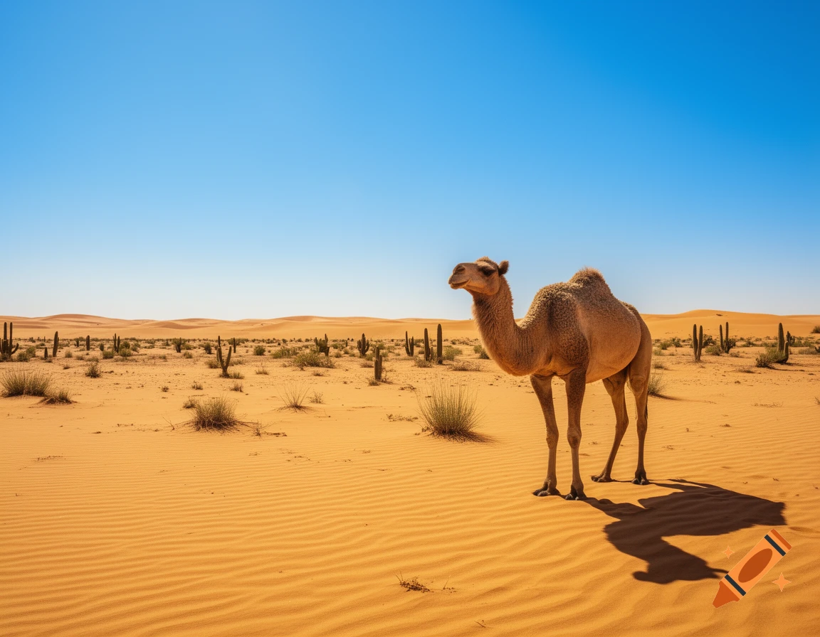 A dromedary camel stands in a sunlit desert with sand dunes and cacti under a clear blue sky.