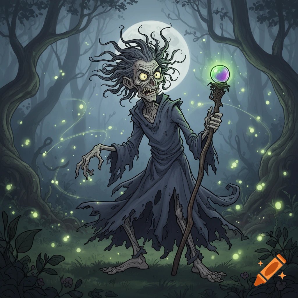 A grotesque cartoon wizard with wild hair, tattered robes, and glowing eyes holds a magical staff in a spooky, moonlit forest with fireflies.