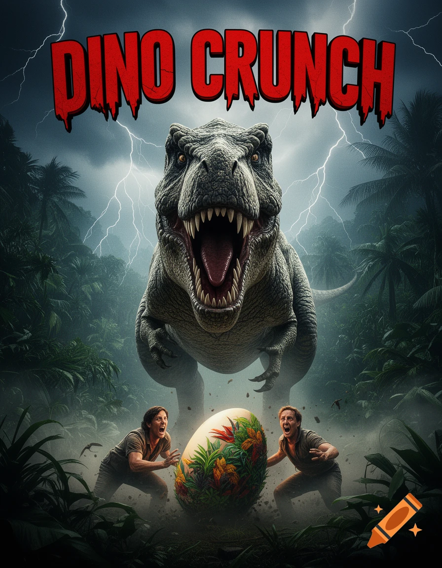 Movie poster for 'DINO CRUNCH' showing a roaring T-Rex chasing two men and a giant egg in a stormy jungle.