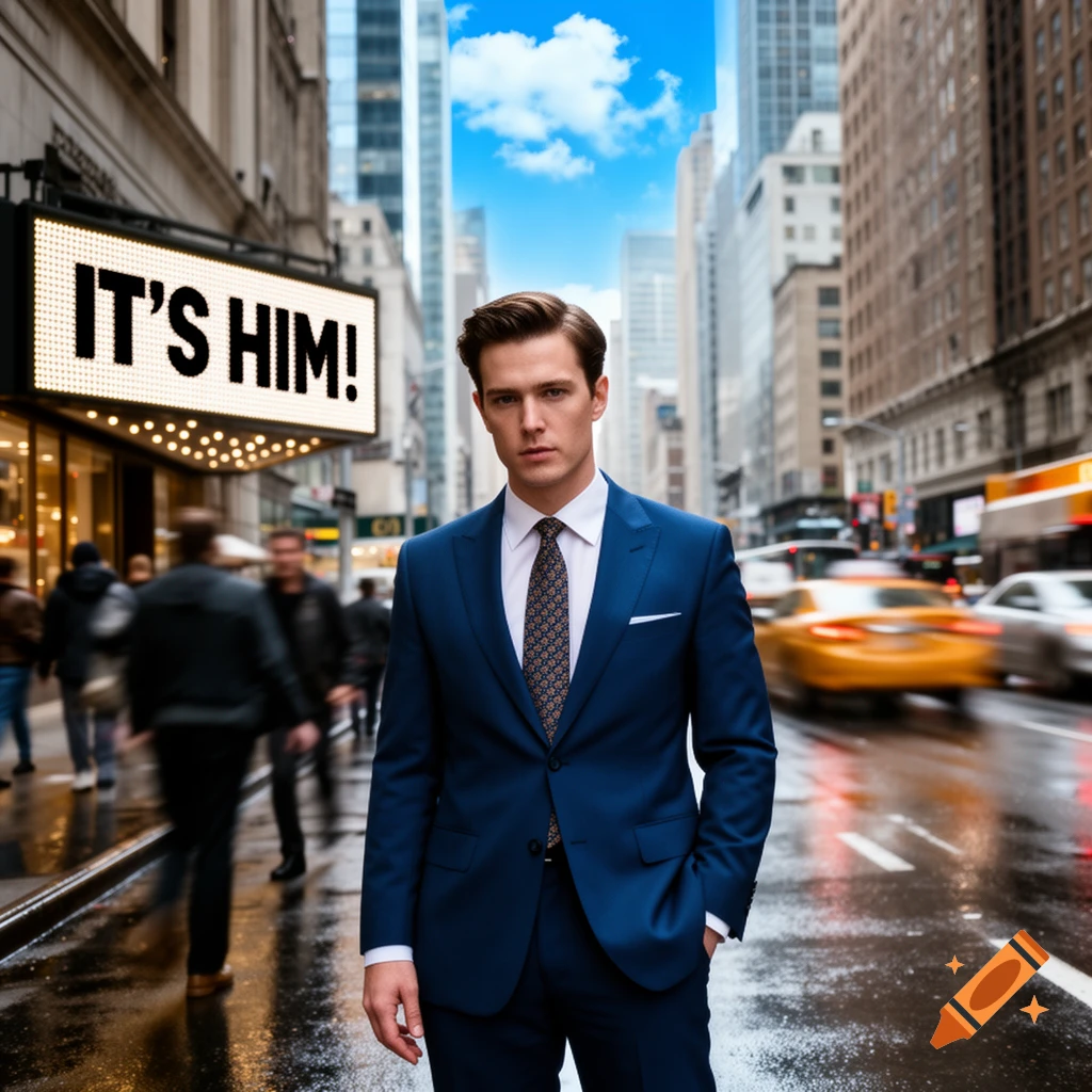 A man in a blue suit stands on a wet city street. A brightly lit sign reads 'IT'S HIM!' with blurred traffic and skyscrapers behind him.