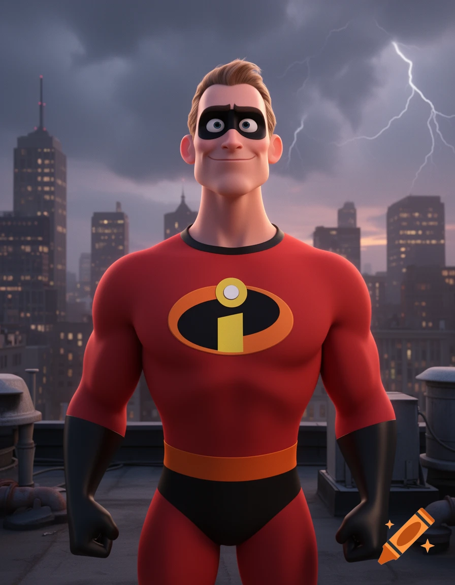 Mr. Incredible stands on a stormy city rooftop with lightning in the sky, smiling slightly in a 3D animated style.