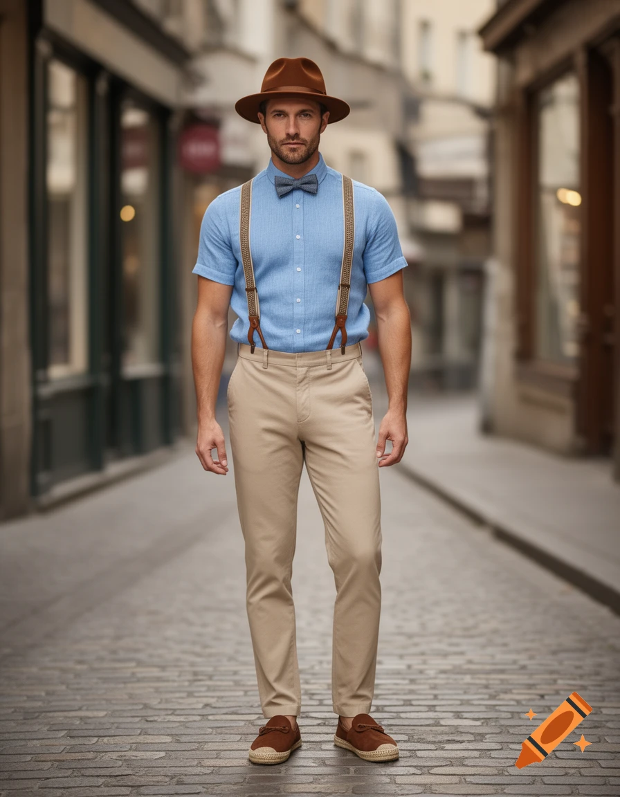 A man in a brown fedora, light blue shirt, suspenders, beige pants, and brown espadrilles stands on a cobblestone street.