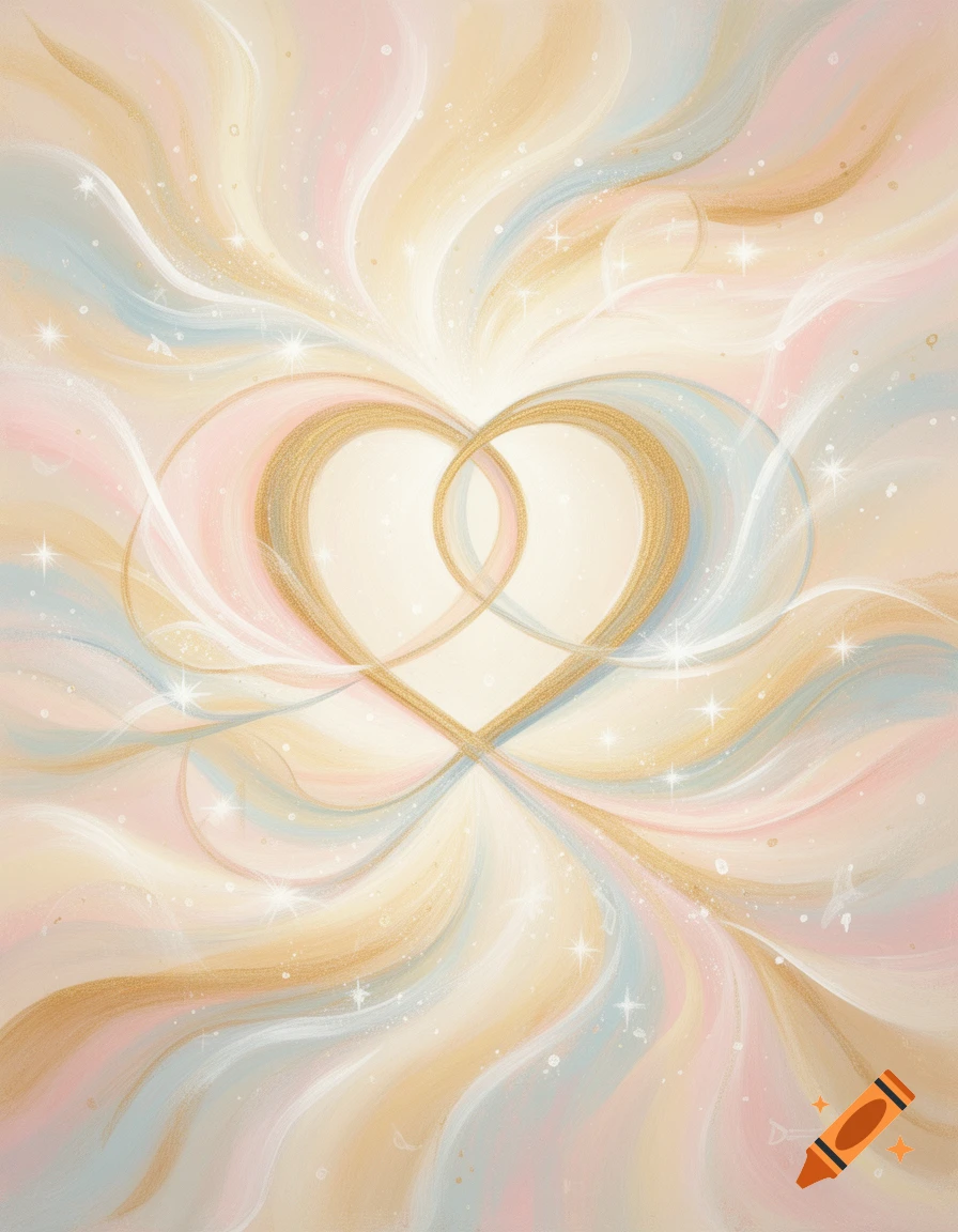 Abstract art with two interconnected golden hearts surrounded by swirling pastel pink, blue, and gold light with sparkles.