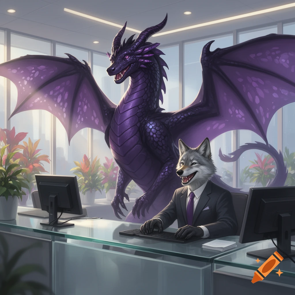 A large purple dragon stands behind a smiling gray wolf in a business suit, who is working at a desk in a modern office.