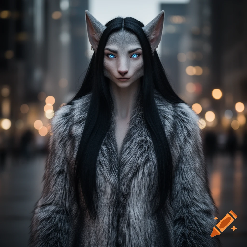 Photorealistic image of an anthropomorphic wolf-woman with blue eyes and black hair, wearing a fur coat in a blurred city at night.