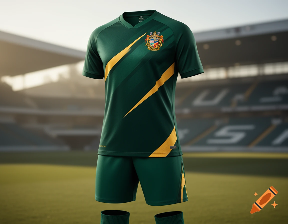 Dark green football kit with yellow diagonal stripes and a crest on the chest, floating against a blurred stadium background.