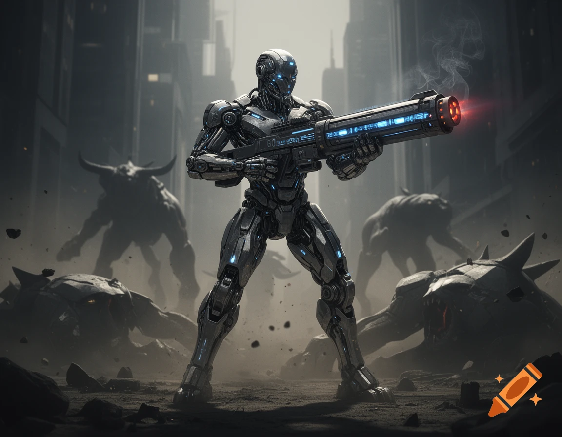 A metallic cyborg warrior with a glowing plasma cannon stands ready for battle in a desolate futuristic city, with shadowy bull-like monsters lurking in the background.