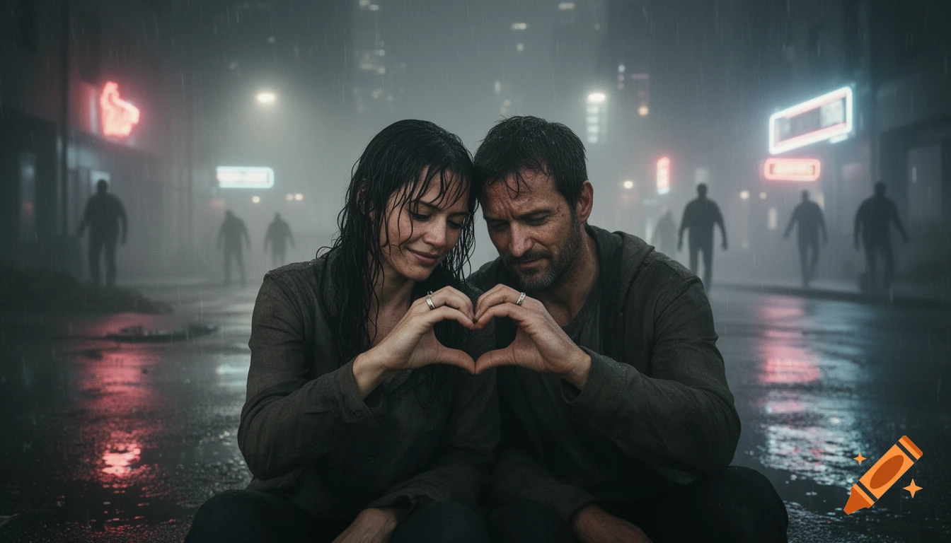 A couple forming a heart with their hands in a dark, rainy post-apocalyptic city with blurred figures in the background.