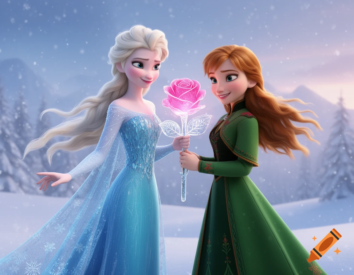 Animated Elsa and Anna stand in a snowy landscape, holding a glowing pink rose.