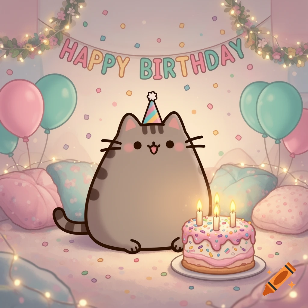 A cute grey cartoon cat (Pusheen) with a party hat, next to a birthday cake and balloons under a "Happy Birthday" banner.