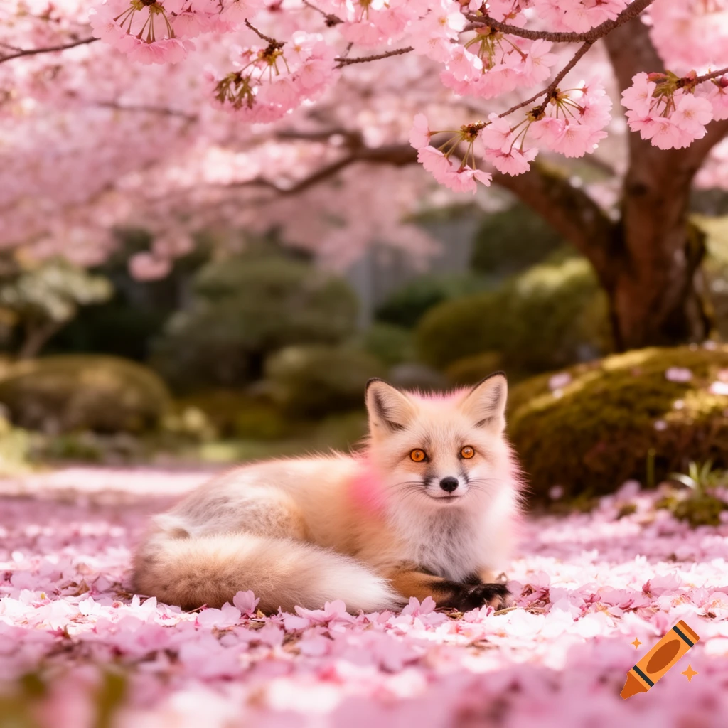 A cute fox lies on a bed of pink cherry blossom petals under a sakura tree, looking directly at the viewer. Photorealistic style.