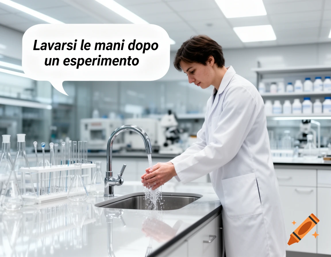 A person in a white lab coat washing their hands at a sink in a science laboratory. A speech bubble says 'Wash hands after an experiment'.