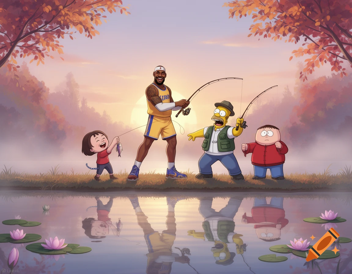 Cartoon LeBron James, Homer Simpson, Eric Cartman, and a child fishing in a tranquil lake at sunset.