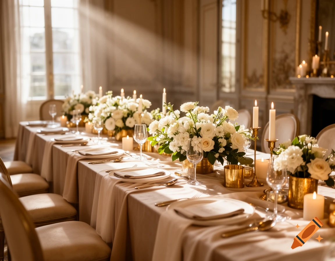 A long wedding table in a luxurious room, decorated with white flowers, candles, and golden settings, bathed in warm natural light.