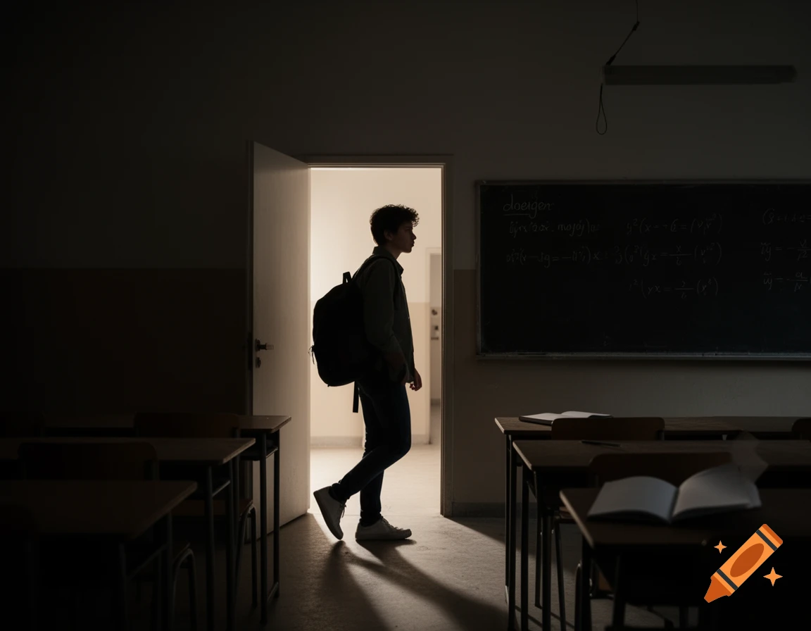 A student with a backpack walks out of a dark classroom into a bright doorway.