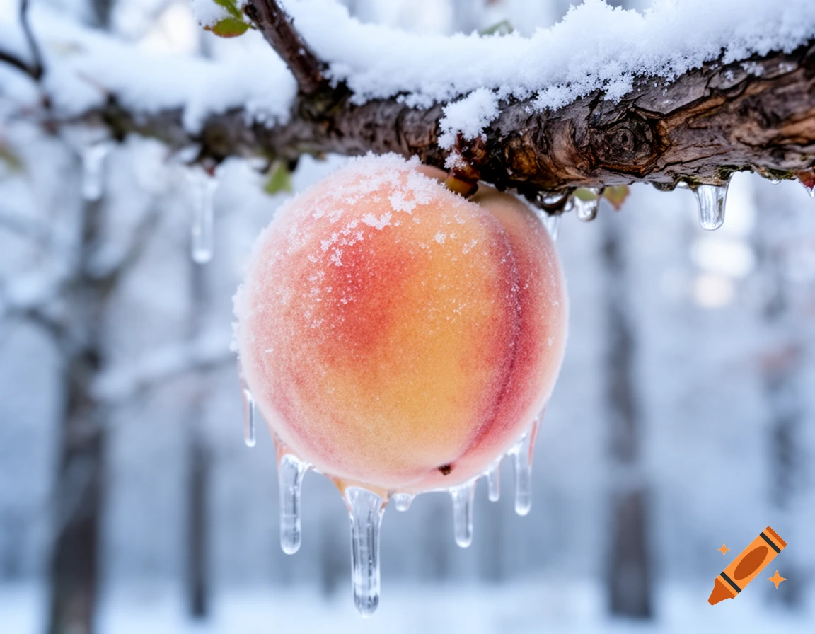 A frosty peach with icicles hangs from a snowy tree branch in a winter scene.