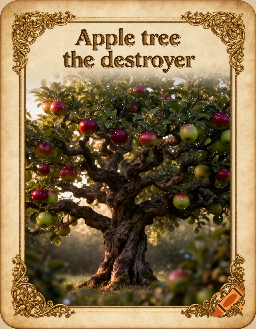 A gnarled apple tree laden with red and green apples, presented as a playing card with a decorative gold border and the title 'Apple tree the destroyer'.
