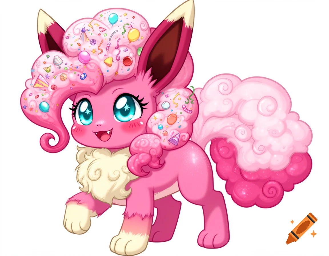 A cute, pink, fluffy cartoon creature with large blue eyes, a cotton candy mane filled with sprinkles, and a fluffy tail.
