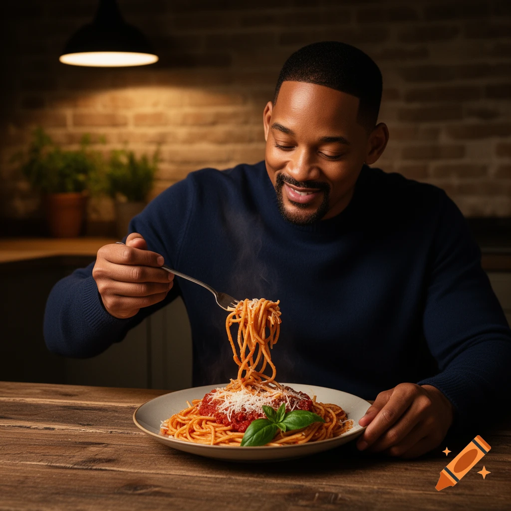 Will Smith smiles, looking down at a forkful of steaming spaghetti over a plate with red sauce and cheese on a wooden table.