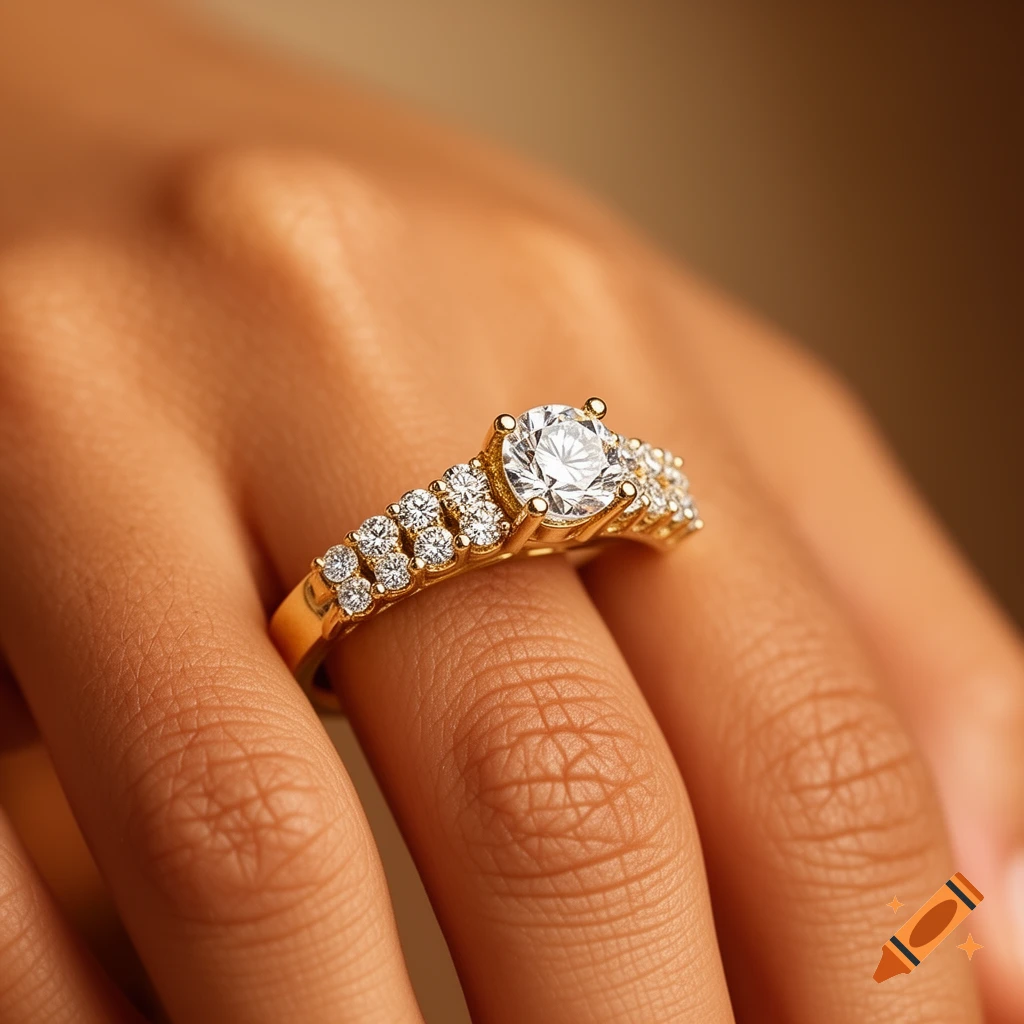 Close-up of a gold engagement ring with a large central diamond and smaller side diamonds on a finger.