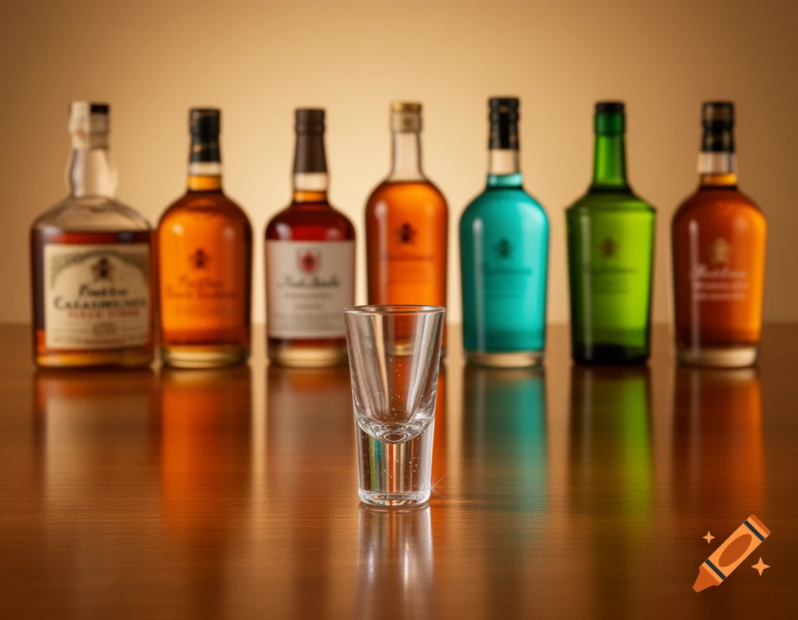 A clear shot glass stands on a wooden table in front of a row of seven liquor bottles, in a photorealistic style.