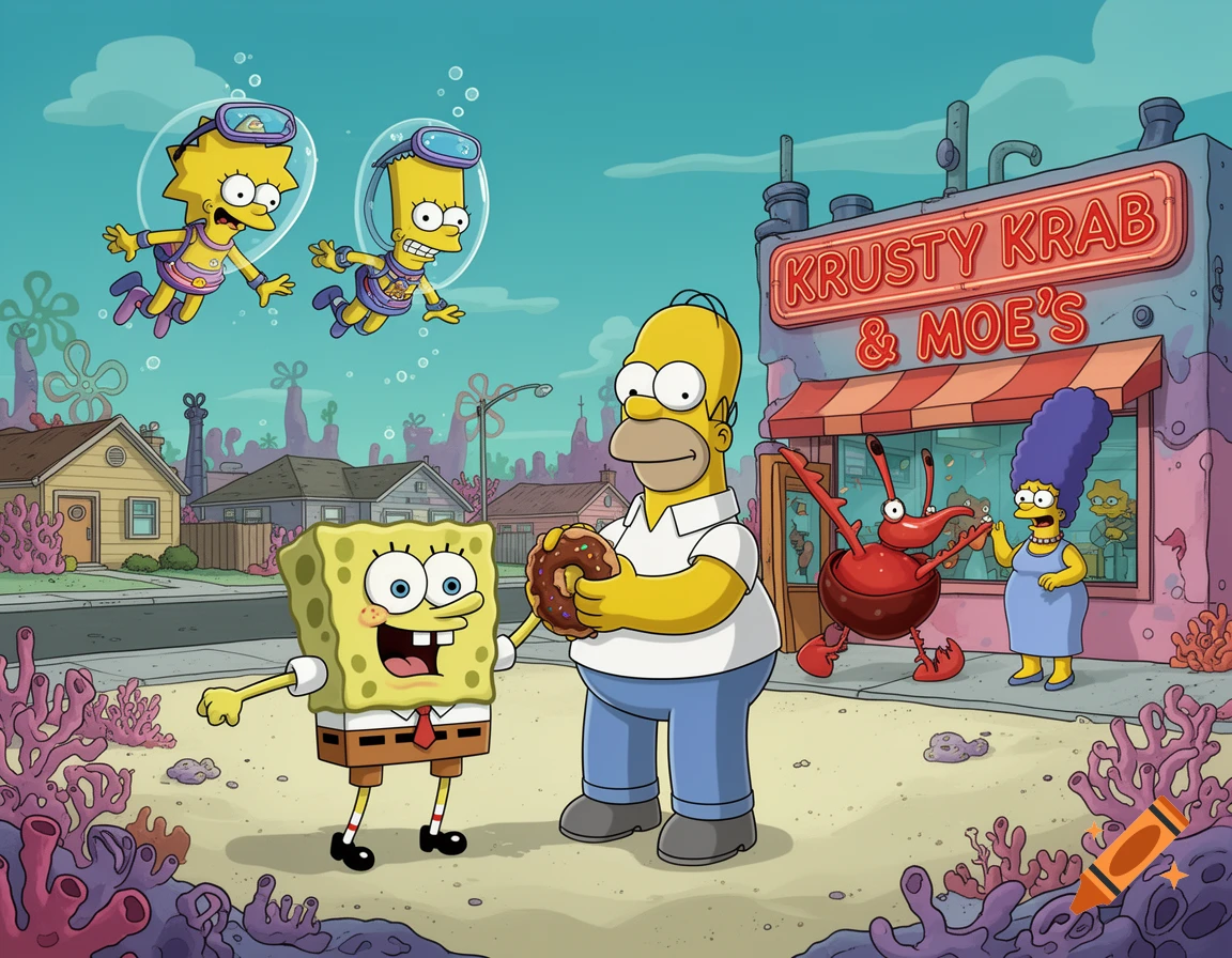A vibrant cartoon crossover of The Simpsons and SpongeBob characters in an underwater-like town with a Krusty Krab & Moe's building. Homer holds a donut, while Lisa and Bart float above, and Spongebob smiles next to Homer.