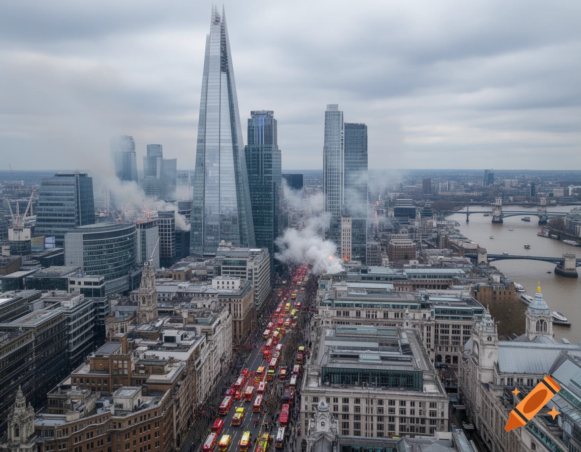 Aerial view of a cloudy London cityscape with The Shard, a busy street filled with red fire trucks, and smoke rising.
