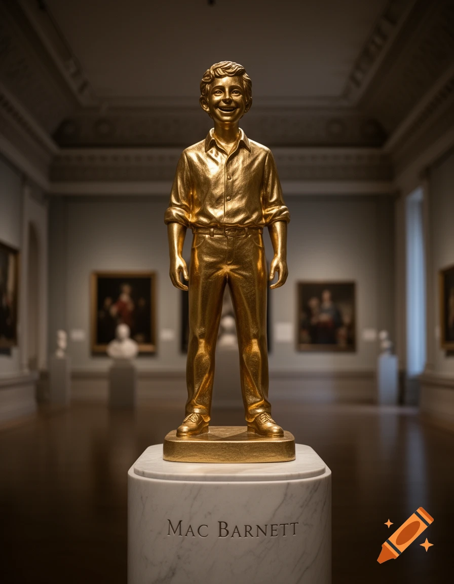A photorealistic golden statue of a smiling boy in a museum, standing on a marble pedestal labeled 'MAC BARNETT'.