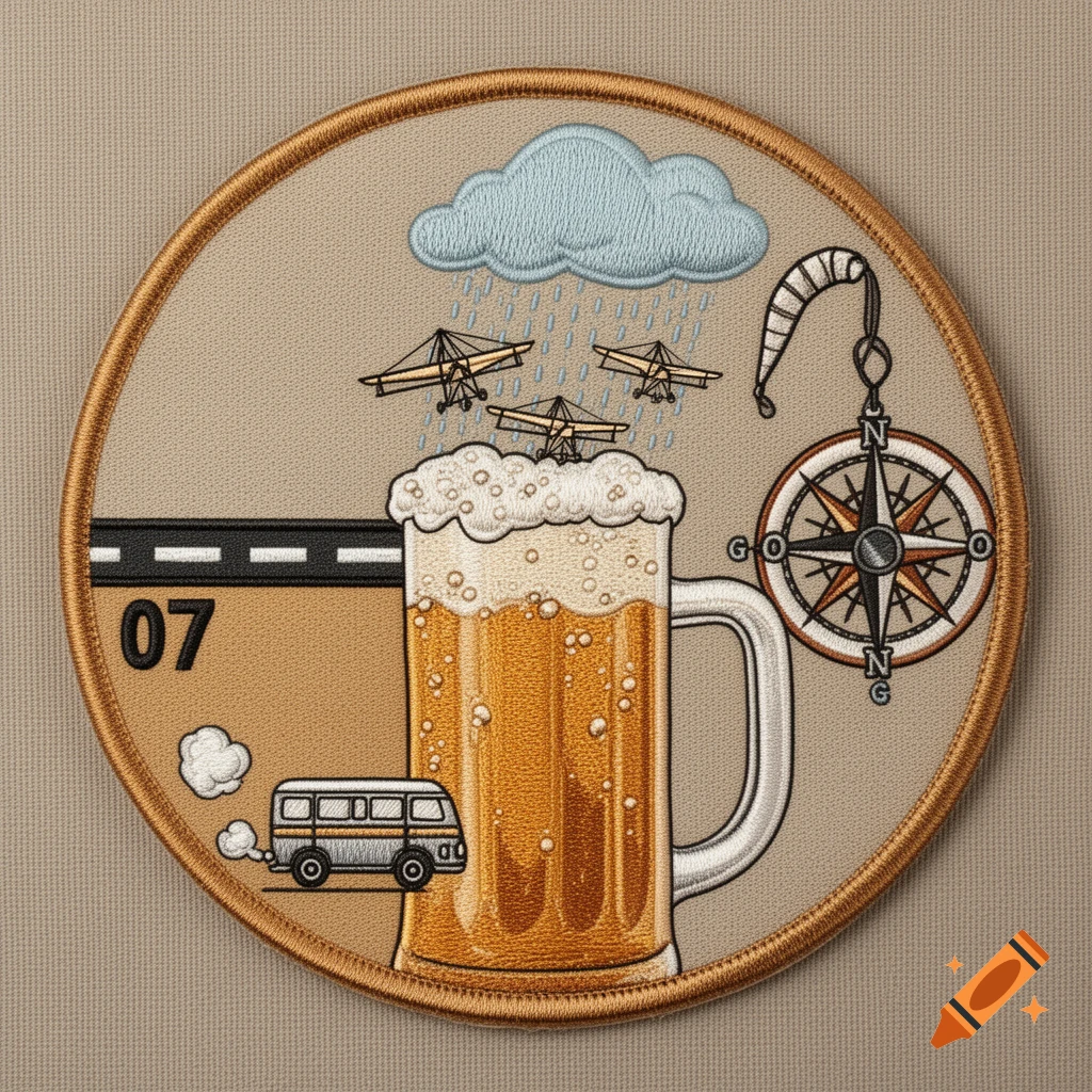 An embroidered circular patch featuring a large beer mug with gliders flying out, a cloud raining above, a runway with '07', a minibus, and a compass rose with G, O, O, N.