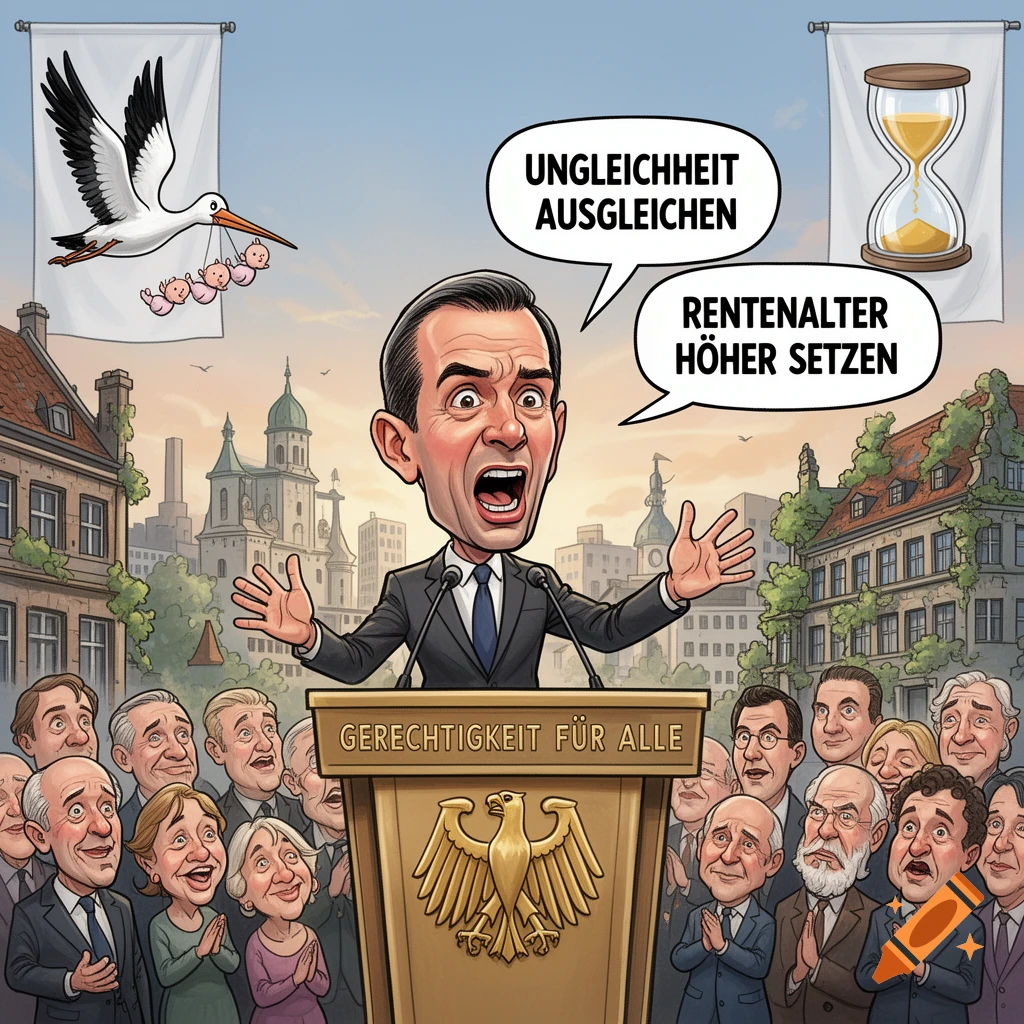 Political caricature of a man, resembling Friedrich Merz, speaking at a podium with text "GERECHTIGKEIT FÜR ALLE". Speech bubbles say "UNGLEICHHEIT AUSGLEICHEN" and "RENTENALTER HÖHER SETZEN". Banners show a stork with babies and an hourglass, against a city backdrop.