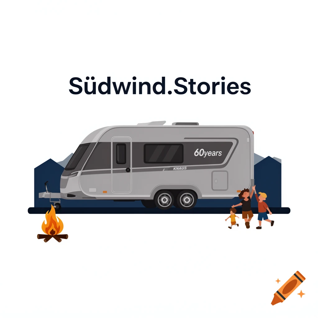 A flat illustration of a grey caravan with "60years" and "KNAUS" text, a campfire, and a family, below "Südwind.Stories" text on a white background.